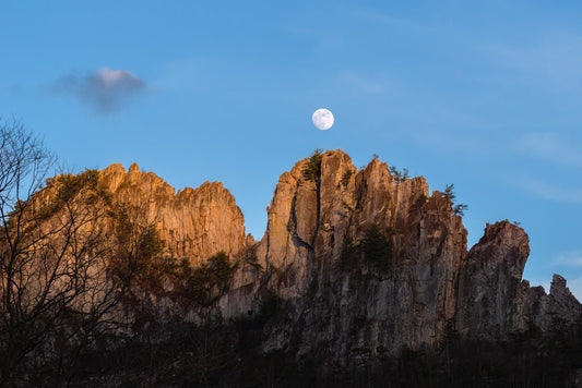 Seneca Rocks Sunlit Moonrise - Reflection in a Pool