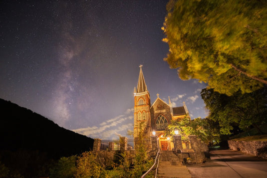 Stars Over Saint Peters Roman Catholic Church - Reflection in a Pool