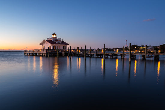 Roanoke Marshes Lighthouse with lights under long exposure in Outer Banks, North Carolina