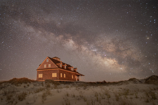 Oregon Inlet life saving station at night under the Milky Way on the Cape Hatteras National Seashore, Outer Banks, North Carolina