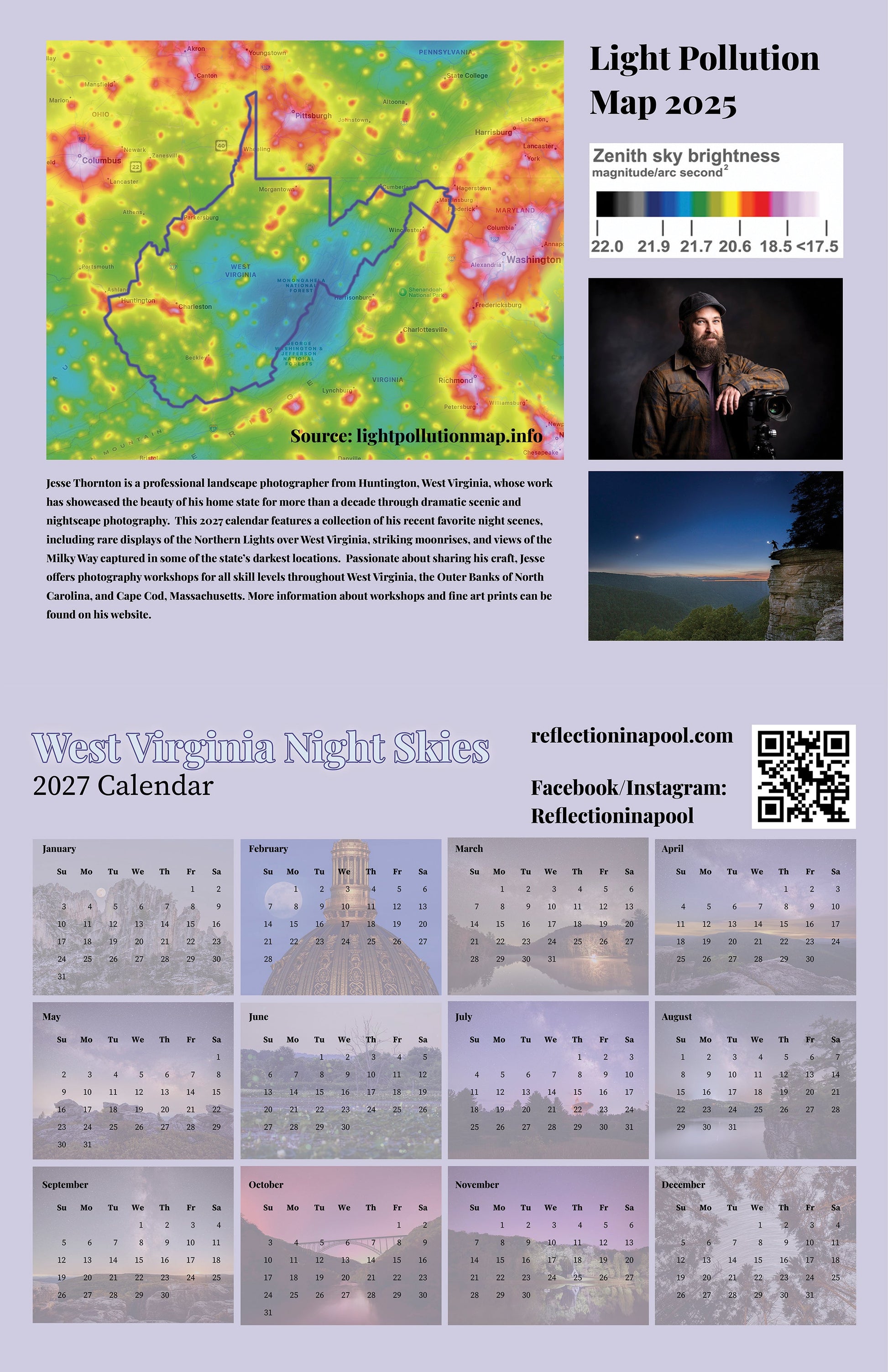 West Virginia Night Skies 2027 Wall Calendar 11x8.5 - WV Photography - Reflection in a Pool