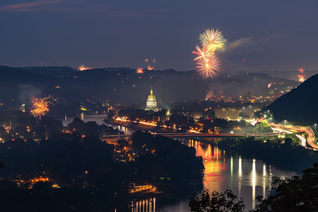 Fireworks over the Capitol Charleston, WV Reflection in a Pool