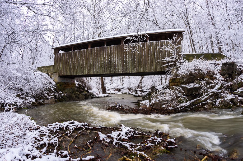 Herns Mill Covered Bridge with Snow - Reflection in a Pool