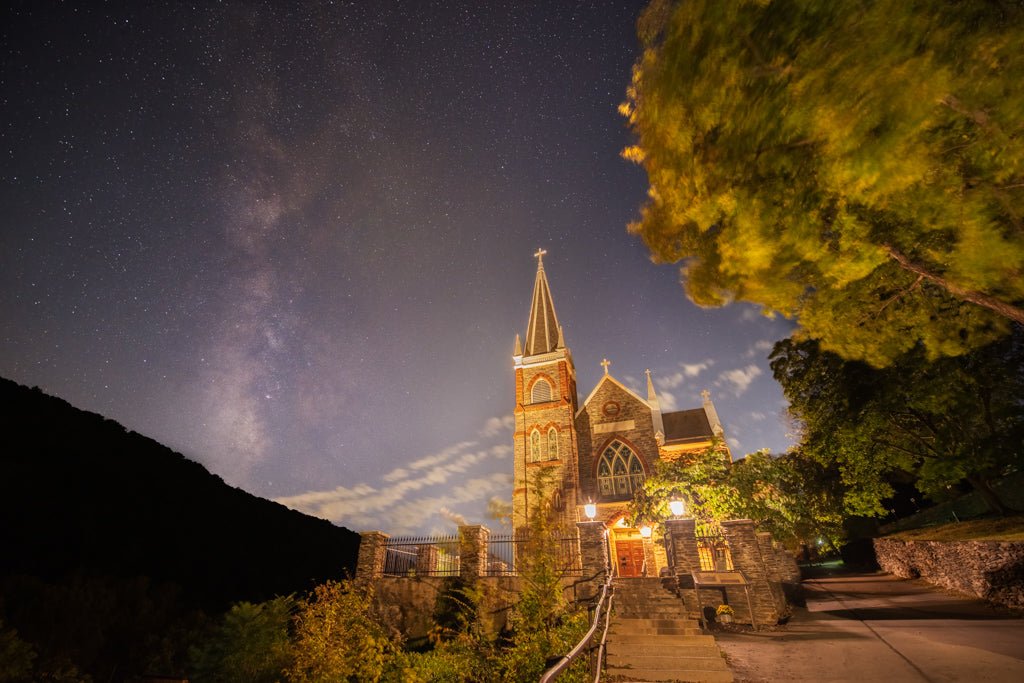 Stars Over Saint Peters Roman Catholic Church - Reflection in a Pool